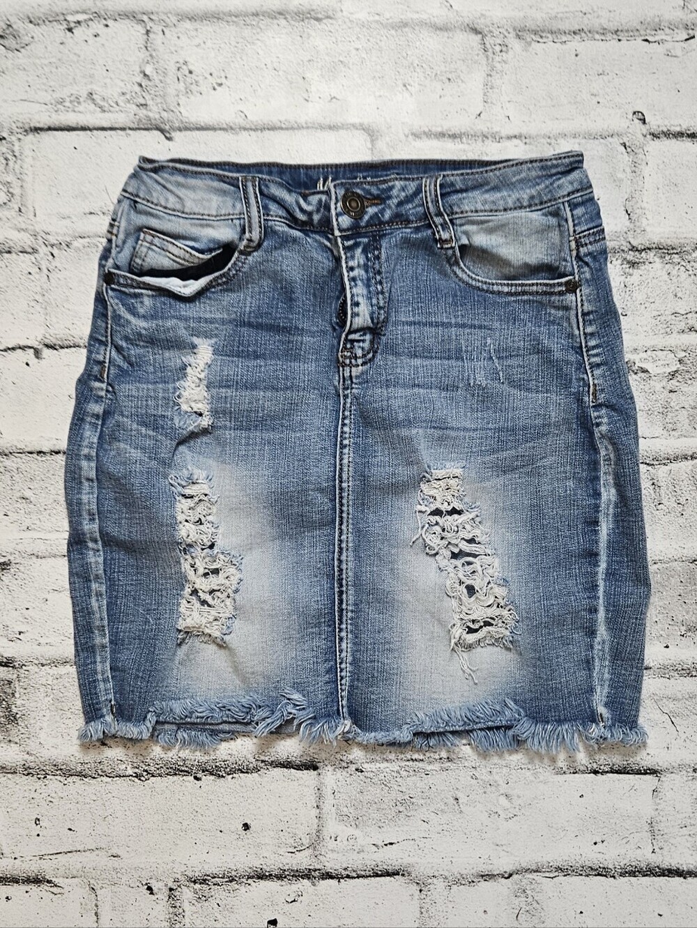 Machine Jeans Distressed Denim Mini Skirt Raw Hem Stretch Size 28
